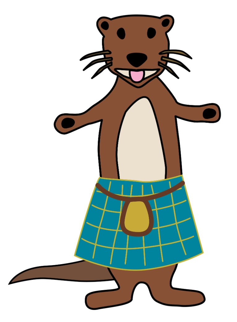 The Otter Homecare mascot wearing a tartan kilt — a nod to our four values: Kindness, Initiative, Learning, Teamwork