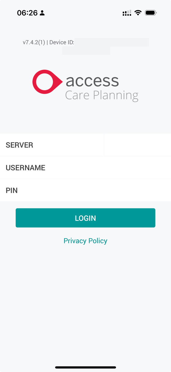 The Access Care Planning login screen. A line of small text at the very top holds the device ID. Below the logo are three boxes: server, username and PIN.