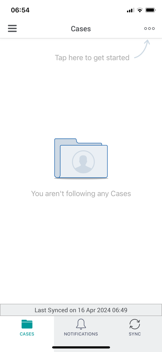The app's Cases screen, empty, with a prompt pointing at the three-dot menu in the top right corner.