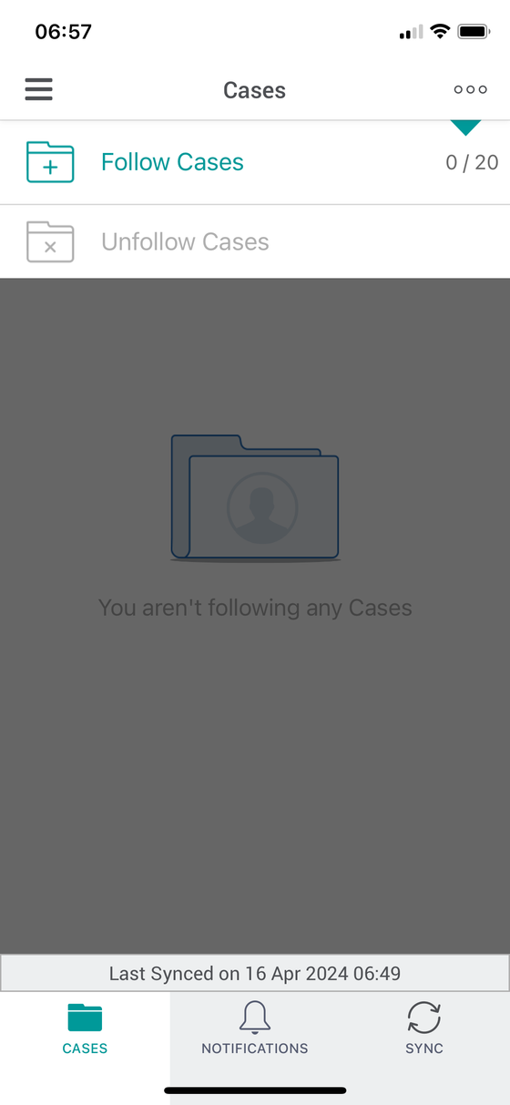 The menu open, showing Follow Cases at the top and Unfollow Cases below it.
