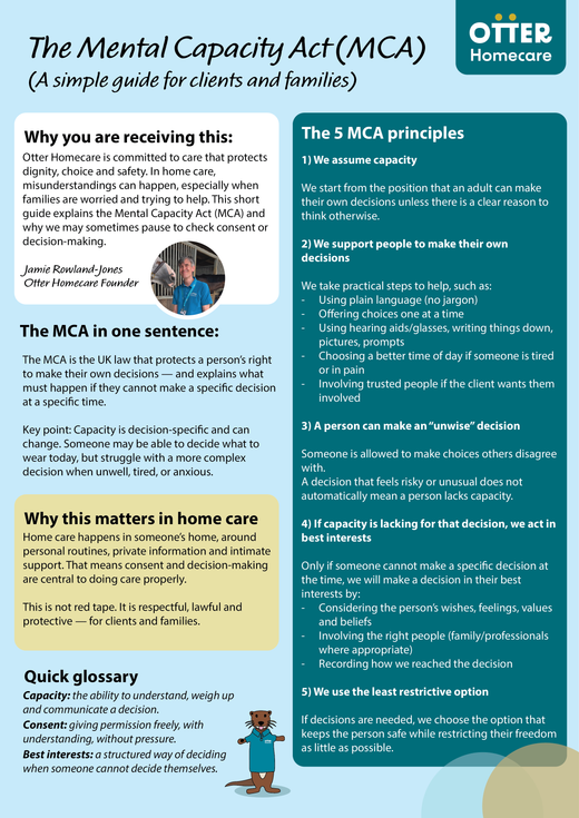 Cover of Otter Homecare's two-page Mental Capacity Act guide for clients and families.